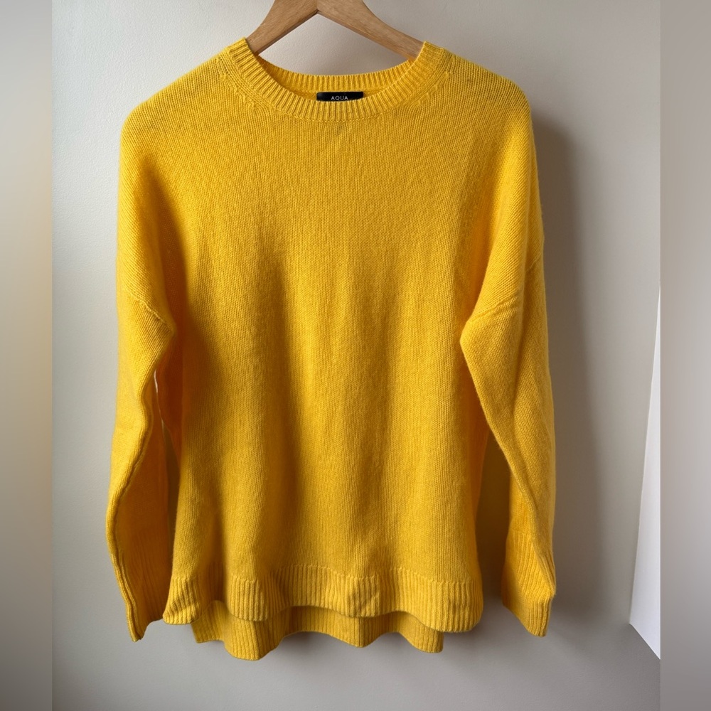 AQUA 100% Cashmere Crew Neck Sweater Relaxed Fit Old Money Quiet Luxury Yellow L